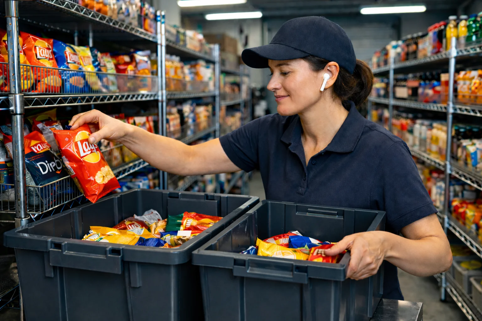 Warehouse worker with earbuds picking items into bins
